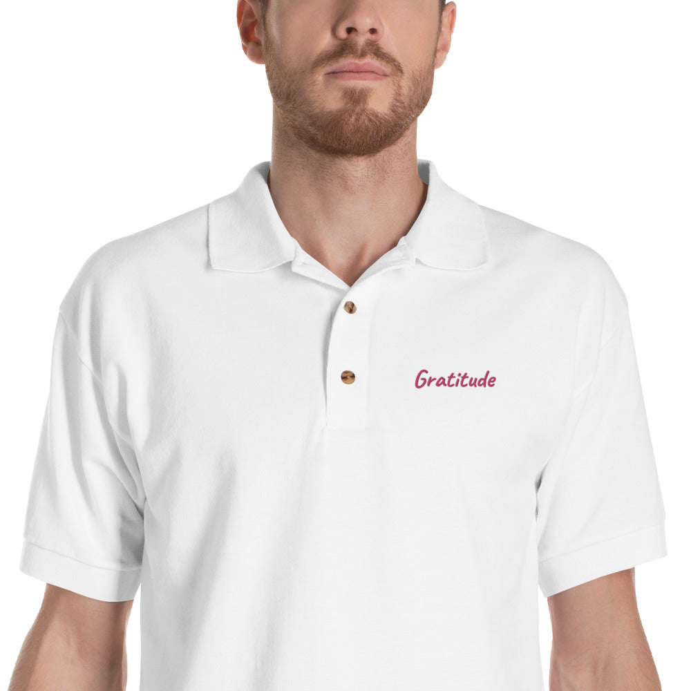 Gratitude In Star Rose Quartz Embroidery on Men's Polo Shirt