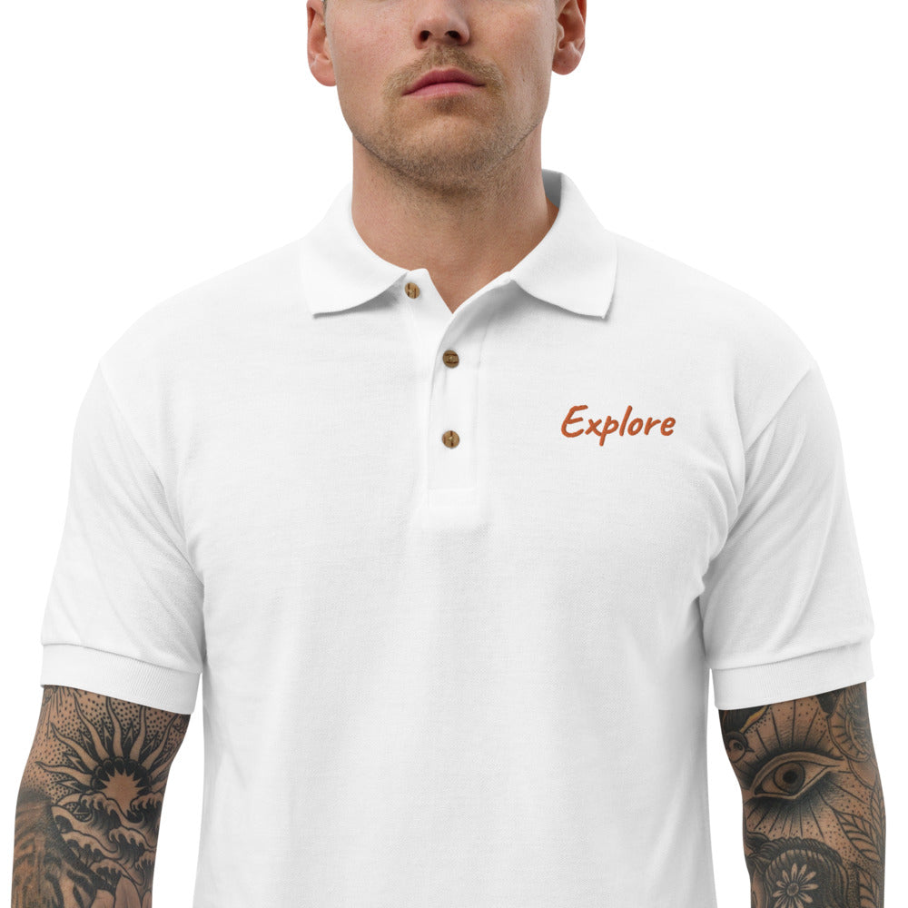 Explore In Amber Embroidery on Men's Polo Shirt