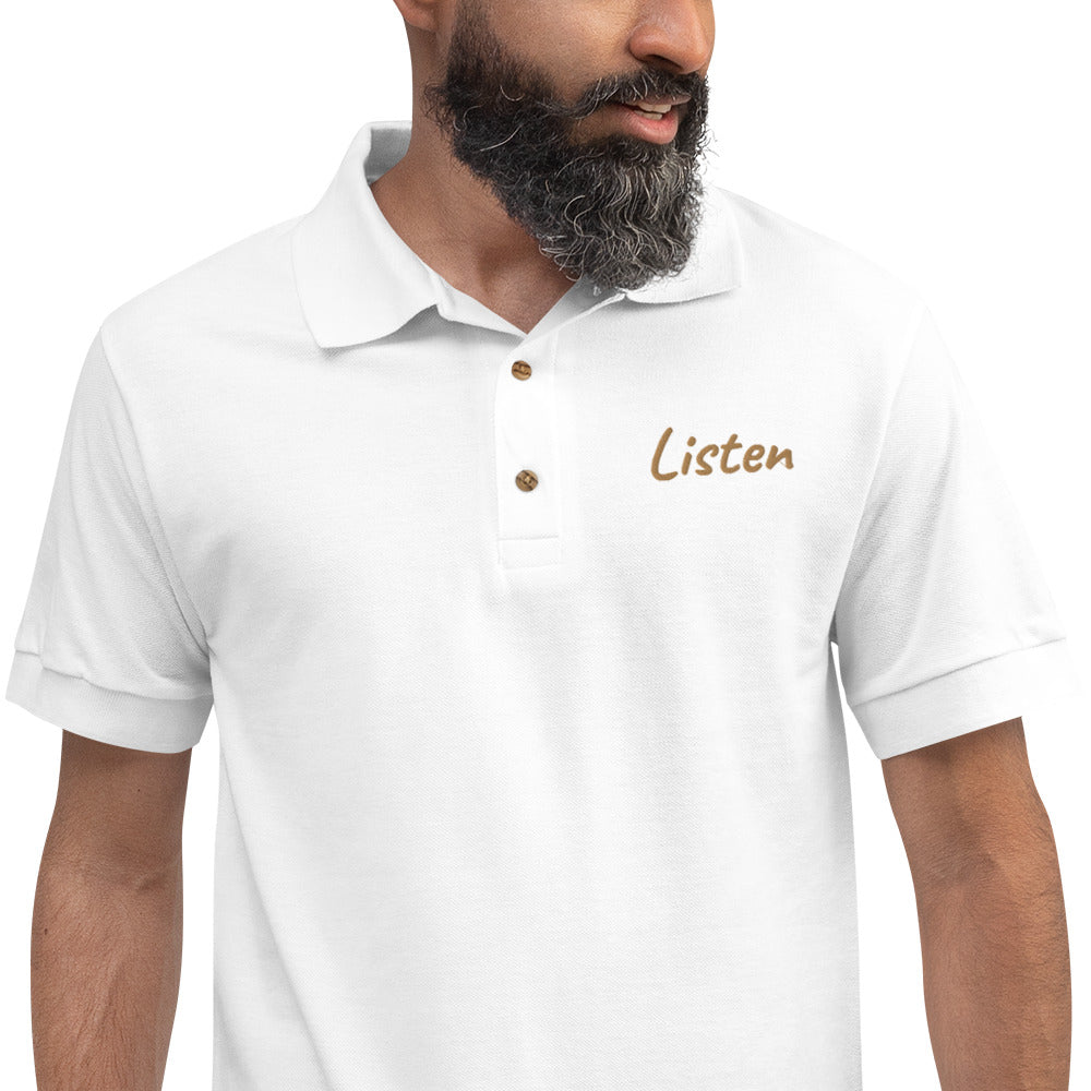 Listen In Copper Embroidery on Men's Polo Shirt