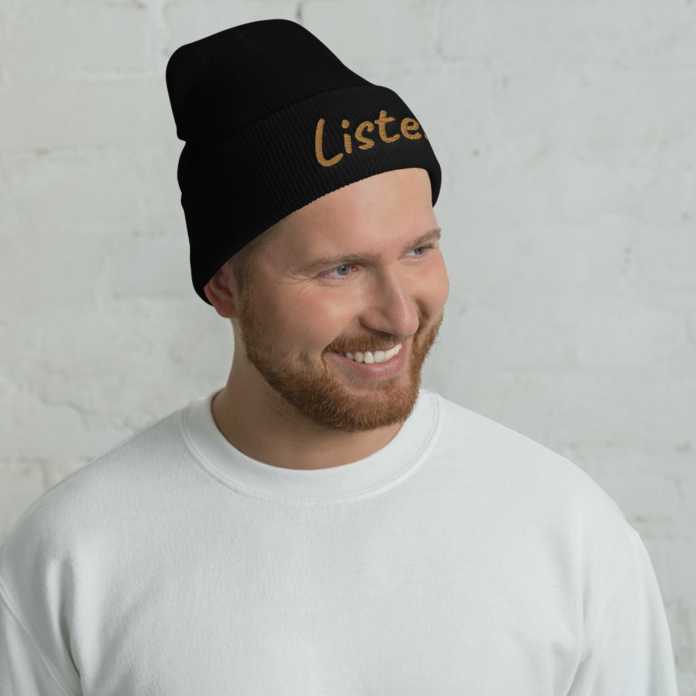 Listen In Copper Embroidery on Cuffed Beanie