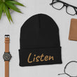 Listen In Copper Embroidery on Cuffed Beanie