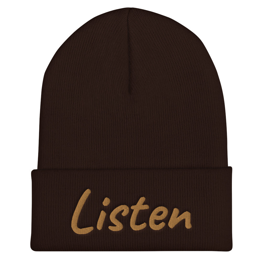 Listen In Copper Embroidery on Cuffed Beanie