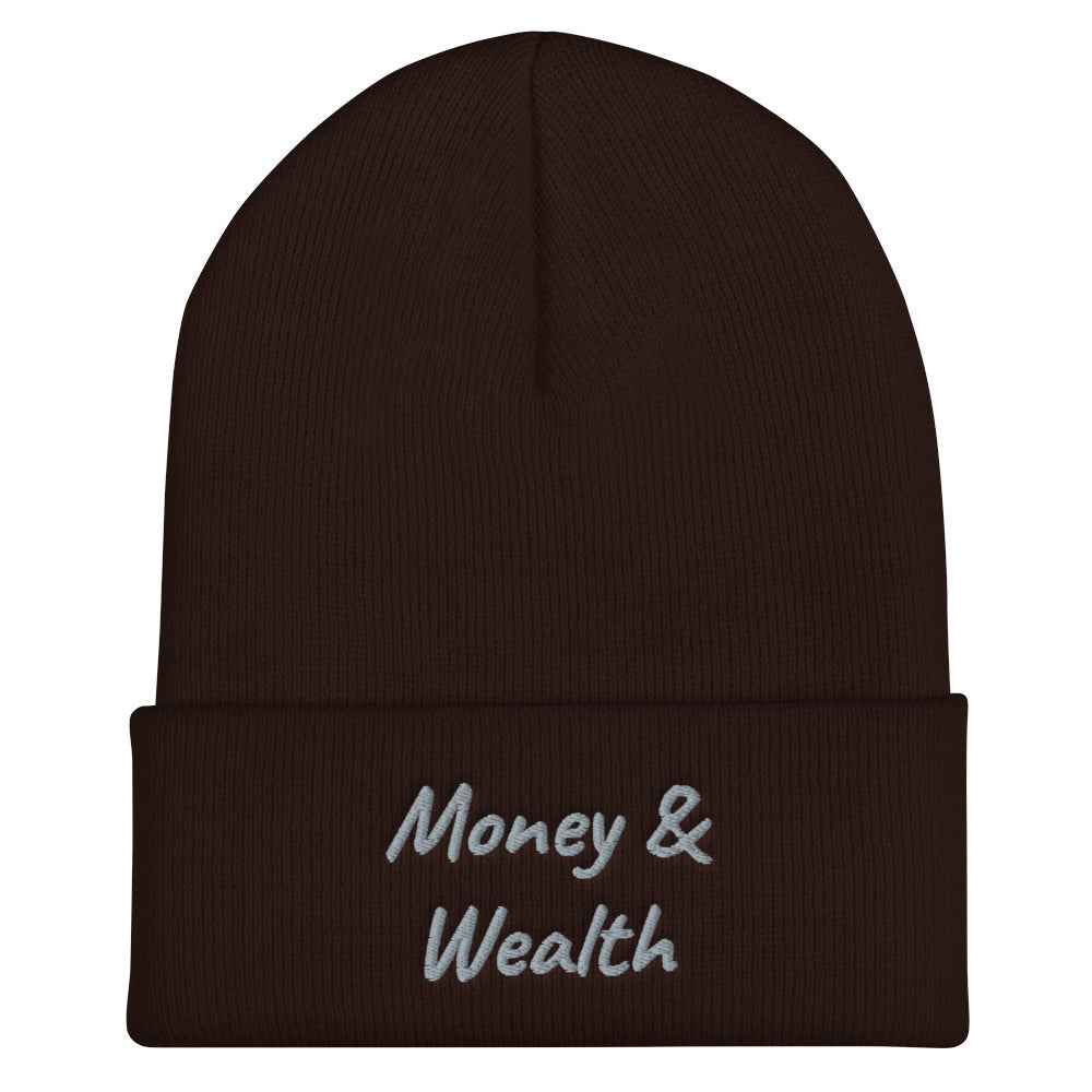 Money & Wealth In Silver Embroidery on Cuffed Beanie