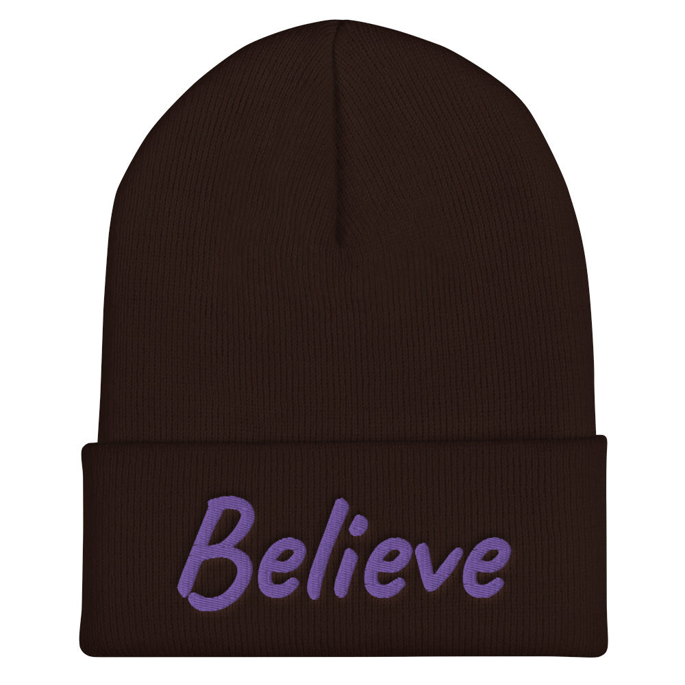 Believe In Amethyst Embroidery on Cuffed Beanie