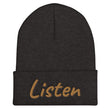 Listen In Copper Embroidery on Cuffed Beanie