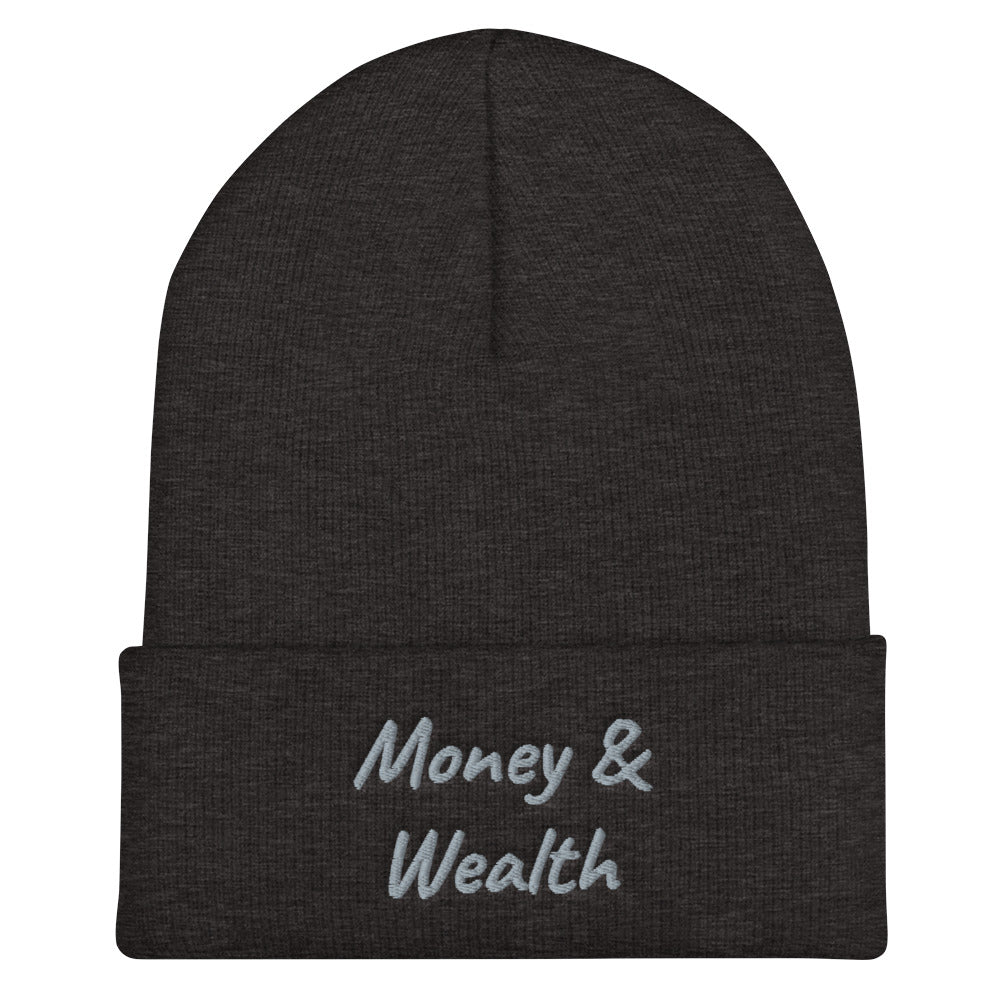 Money & Wealth In Silver Embroidery on Cuffed Beanie