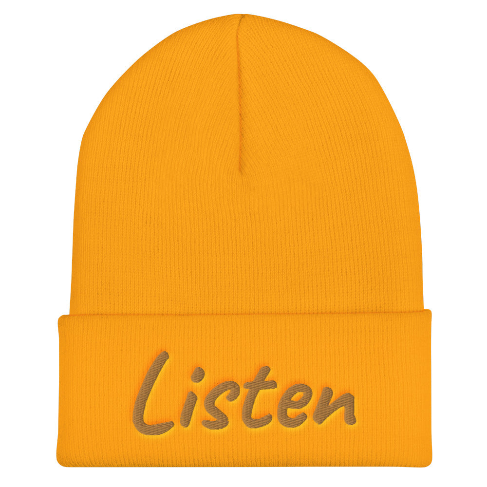 Listen In Copper Embroidery on Cuffed Beanie