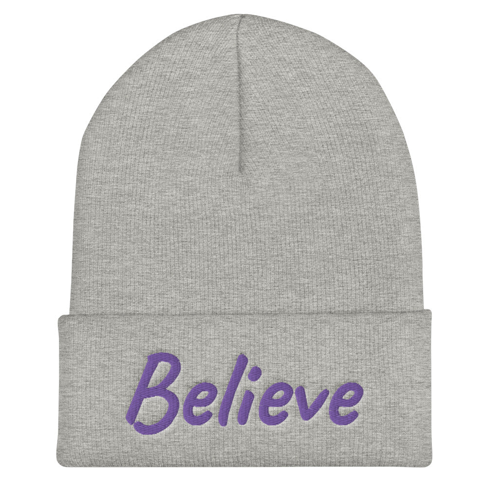 Believe In Amethyst Embroidery on Cuffed Beanie