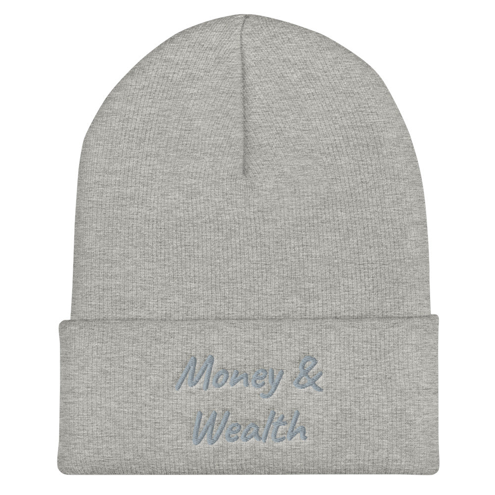 Money & Wealth In Silver Embroidery on Cuffed Beanie