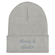 Money & Wealth In Silver Embroidery on Cuffed Beanie