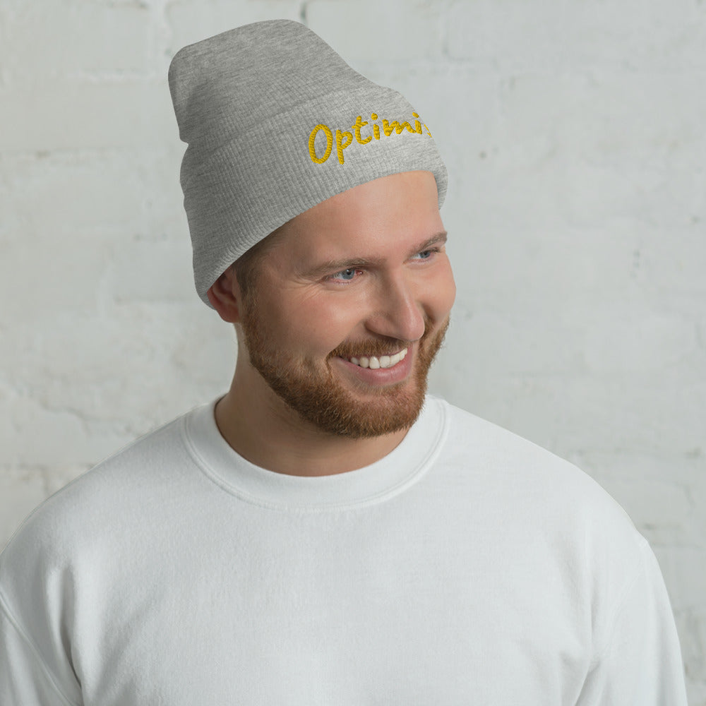 Optimist In Gold Embroidery on Cuffed Beanie