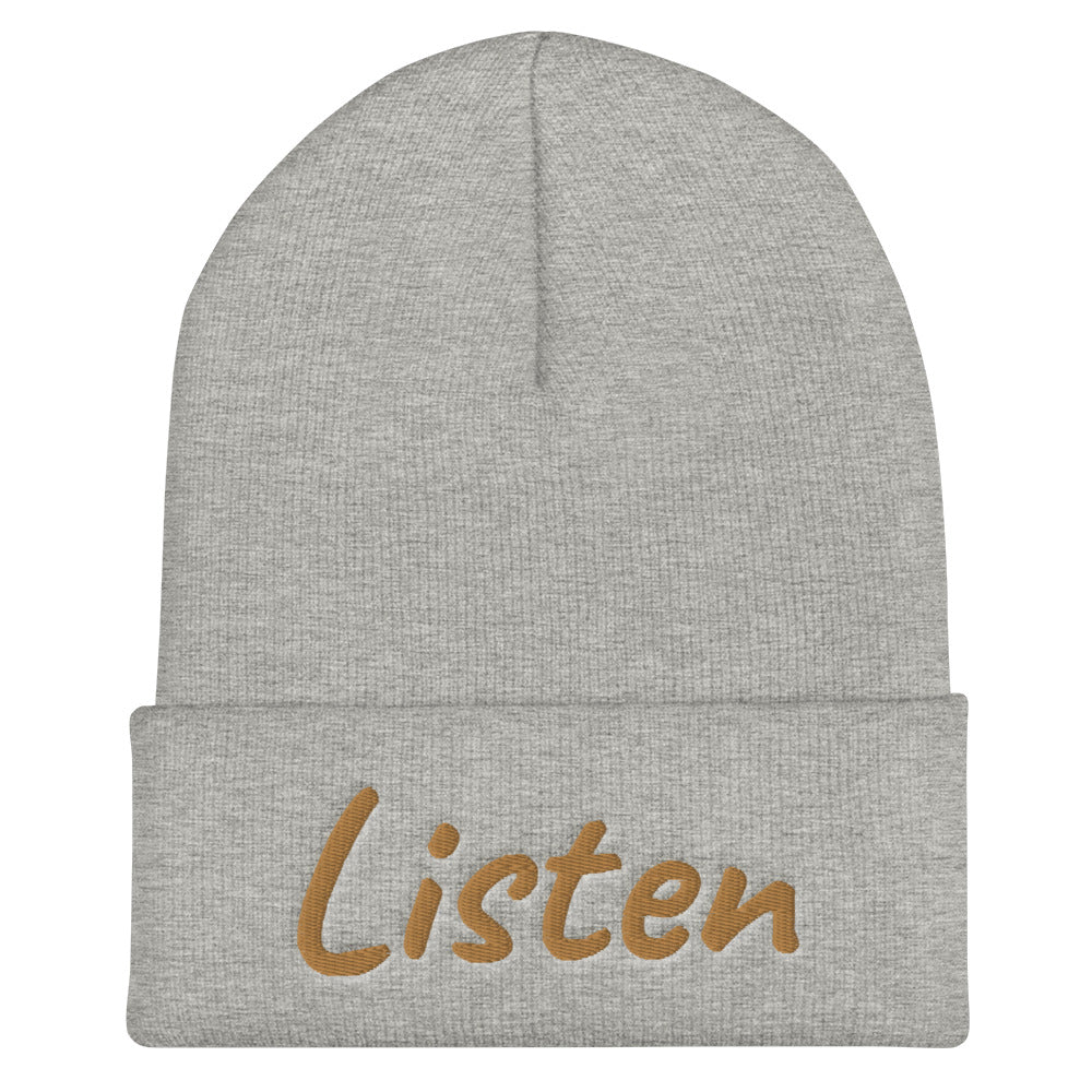 Listen In Copper Embroidery on Cuffed Beanie