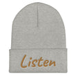 Listen In Copper Embroidery on Cuffed Beanie