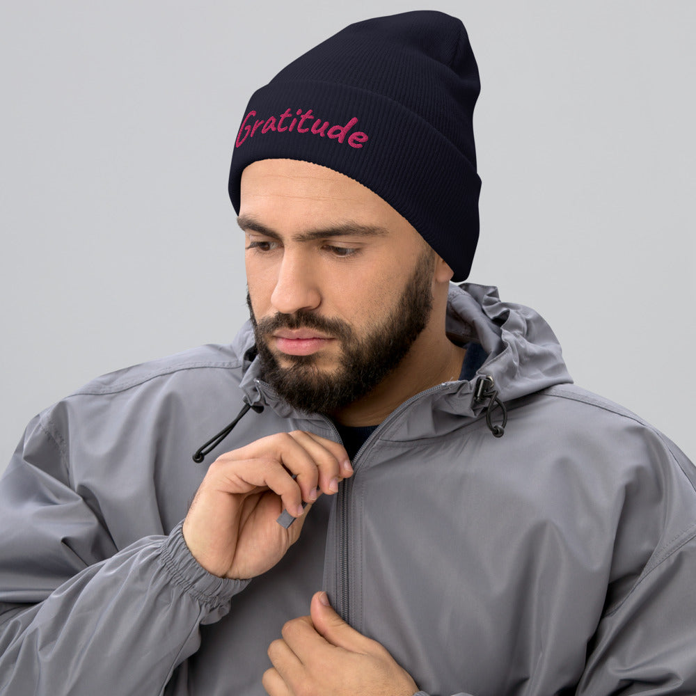 Gratitude In Star Rose Quartz Embroidery on Cuffed Beanie