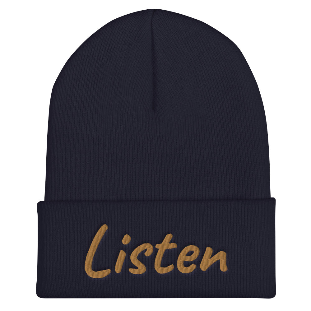 Listen In Copper Embroidery on Cuffed Beanie