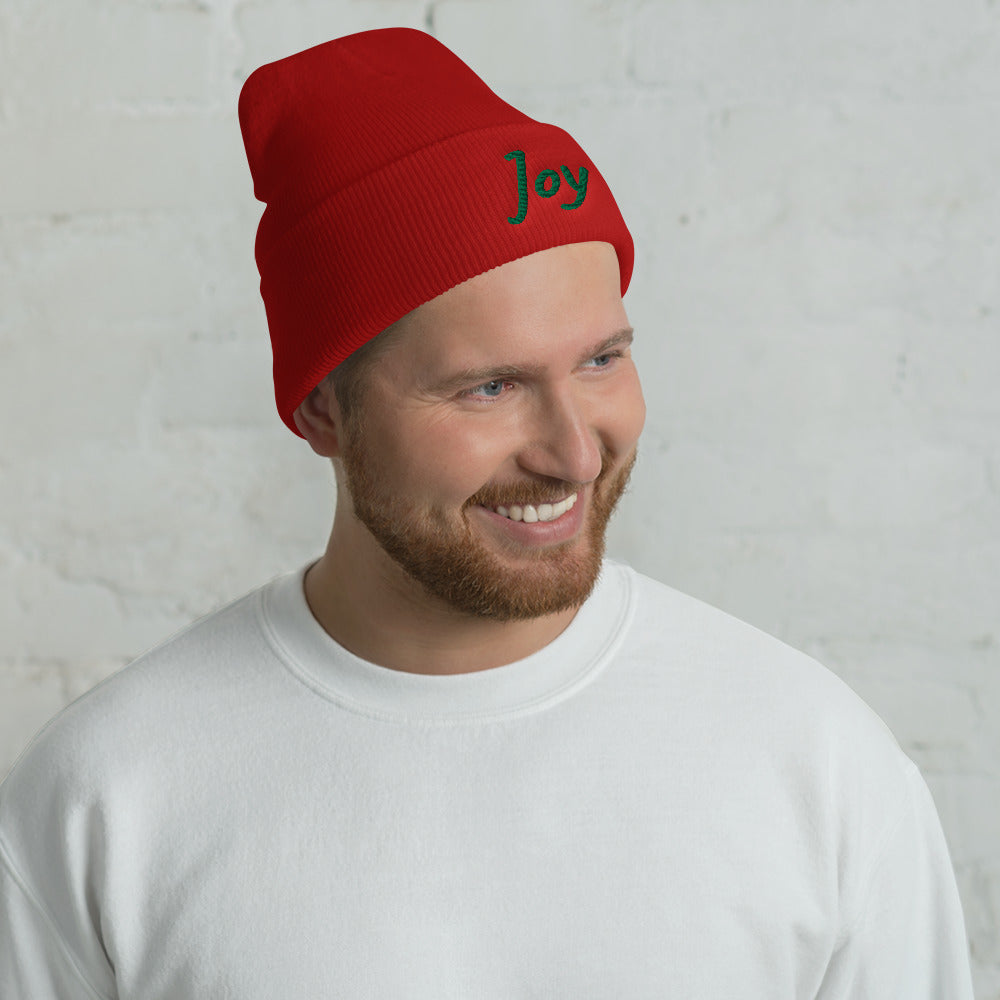 Joy In Emerald Embroidery on Cuffed Beanie