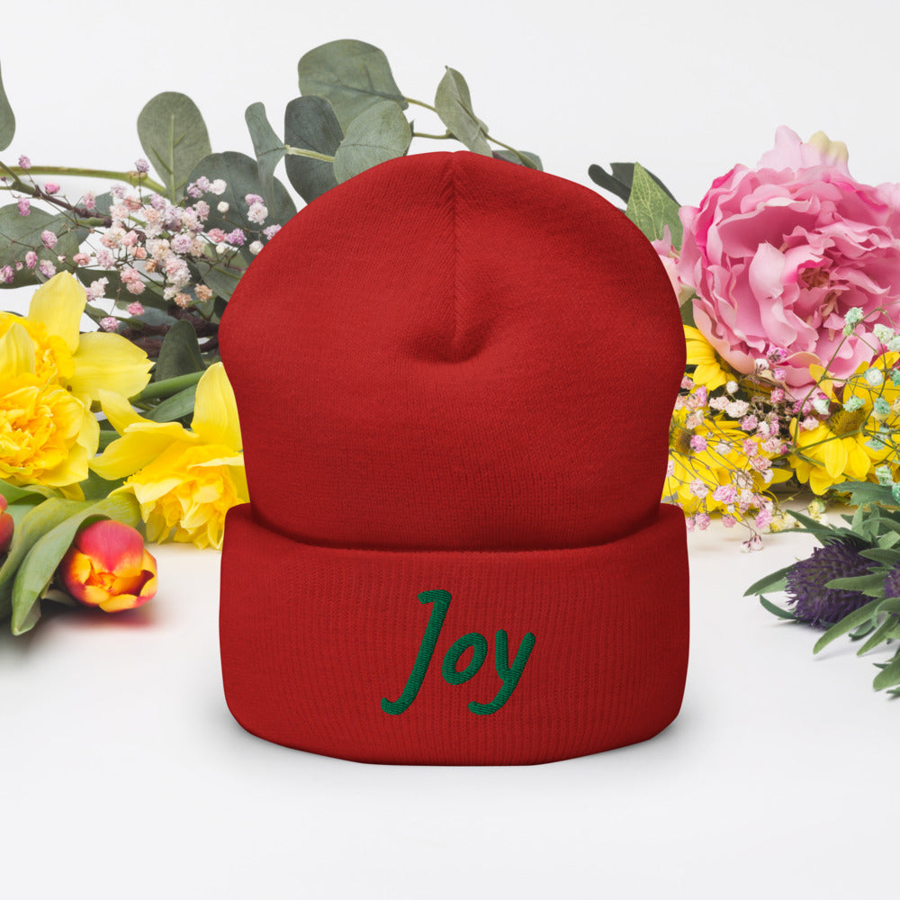 Joy In Emerald Embroidery on Cuffed Beanie