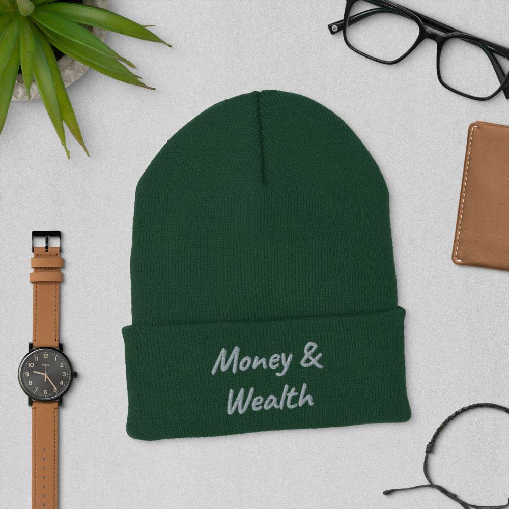 Money & Wealth In Silver Embroidery on Cuffed Beanie