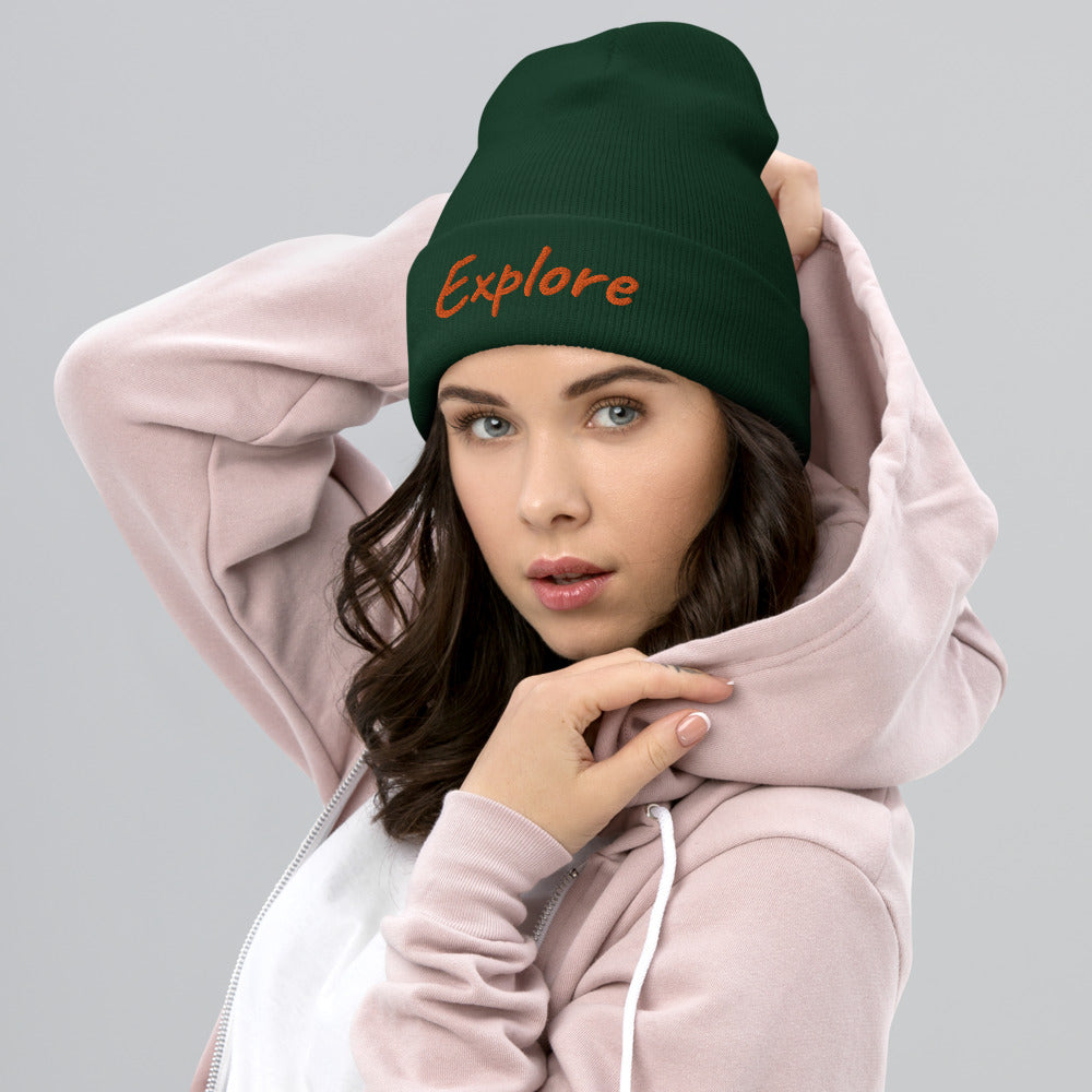 Explore In Amber Embroidery on Cuffed Beanie