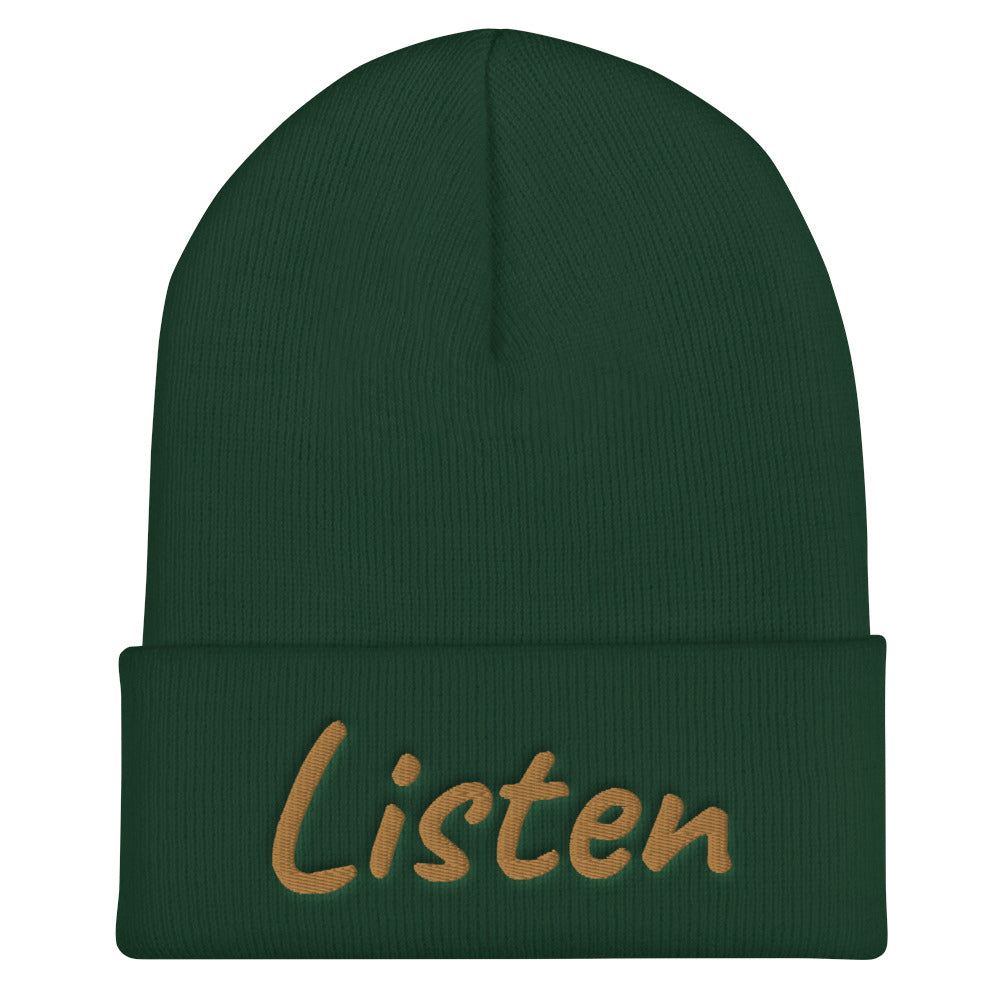 Listen In Copper Embroidery on Cuffed Beanie