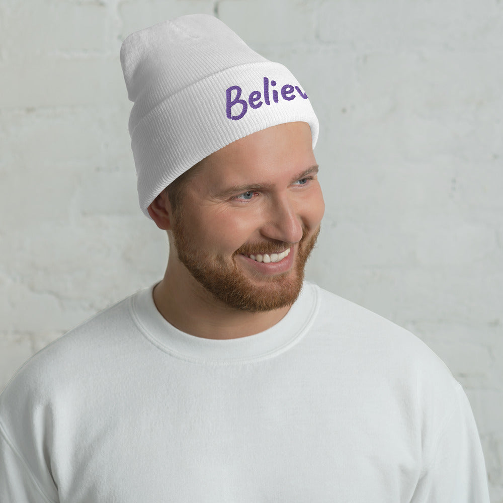 Believe In Amethyst Embroidery on Cuffed Beanie