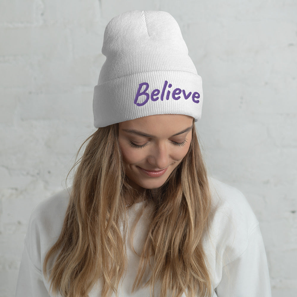 Believe In Amethyst Embroidery on Cuffed Beanie