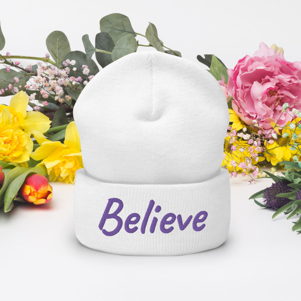 Believe In Amethyst Embroidery on Cuffed Beanie