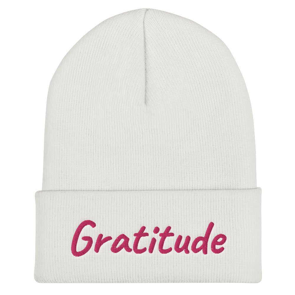 Gratitude In Star Rose Quartz Embroidery on Cuffed Beanie