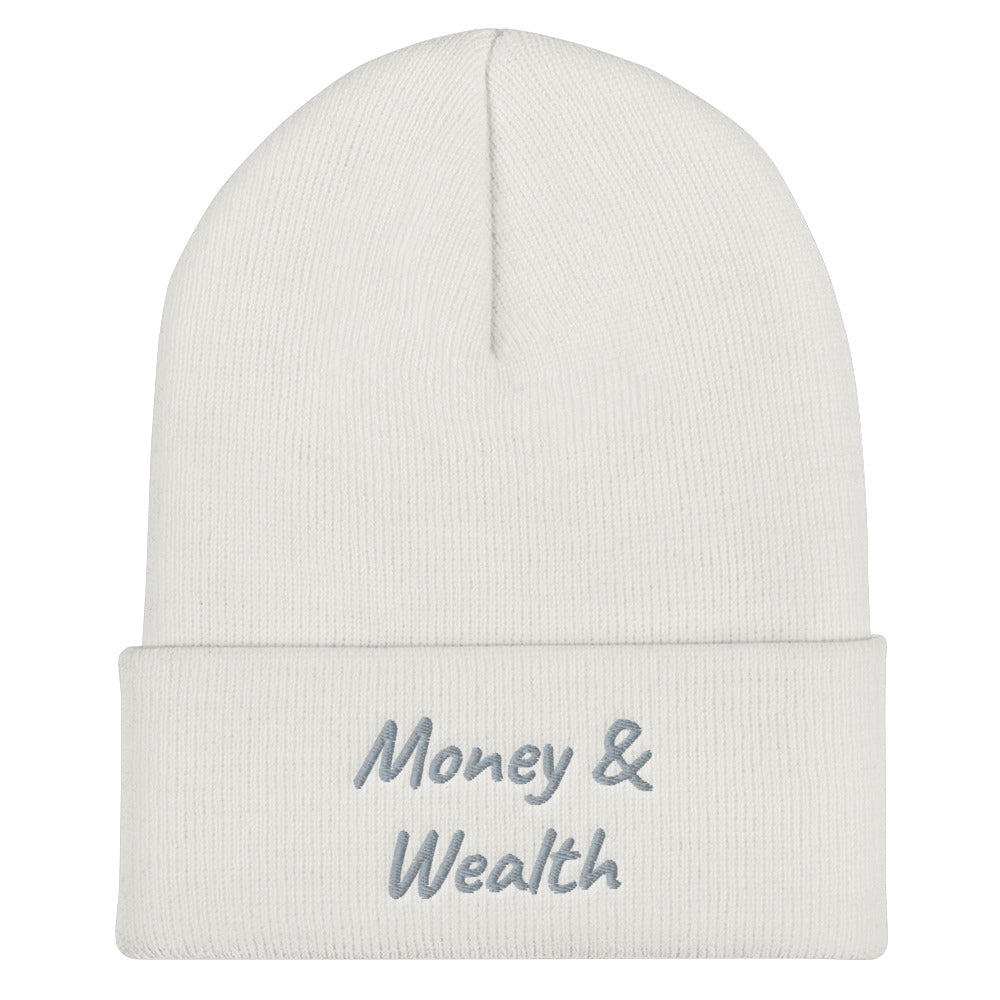 Money & Wealth In Silver Embroidery on Cuffed Beanie