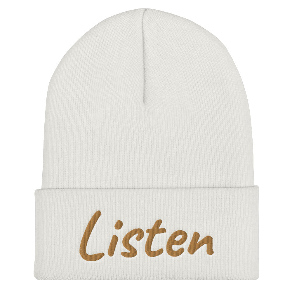 Listen In Copper Embroidery on Cuffed Beanie