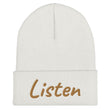 Listen In Copper Embroidery on Cuffed Beanie