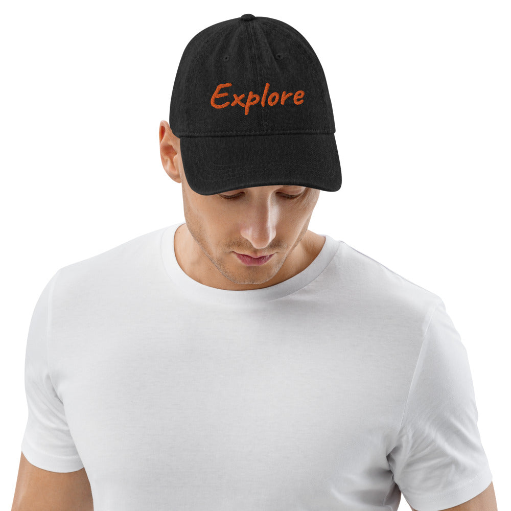 Explore In Amber Embroidery on Denim Hat