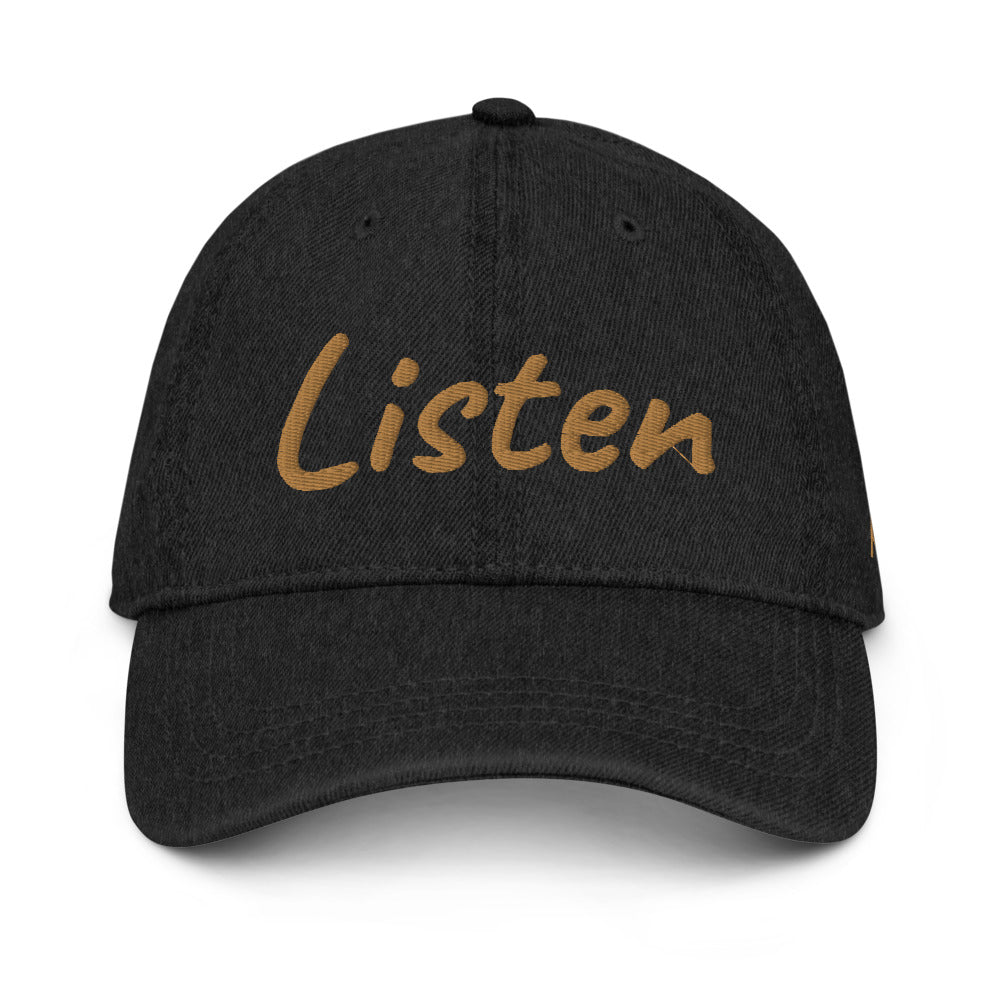 Listen In Copper Embroidery on Denim Hat