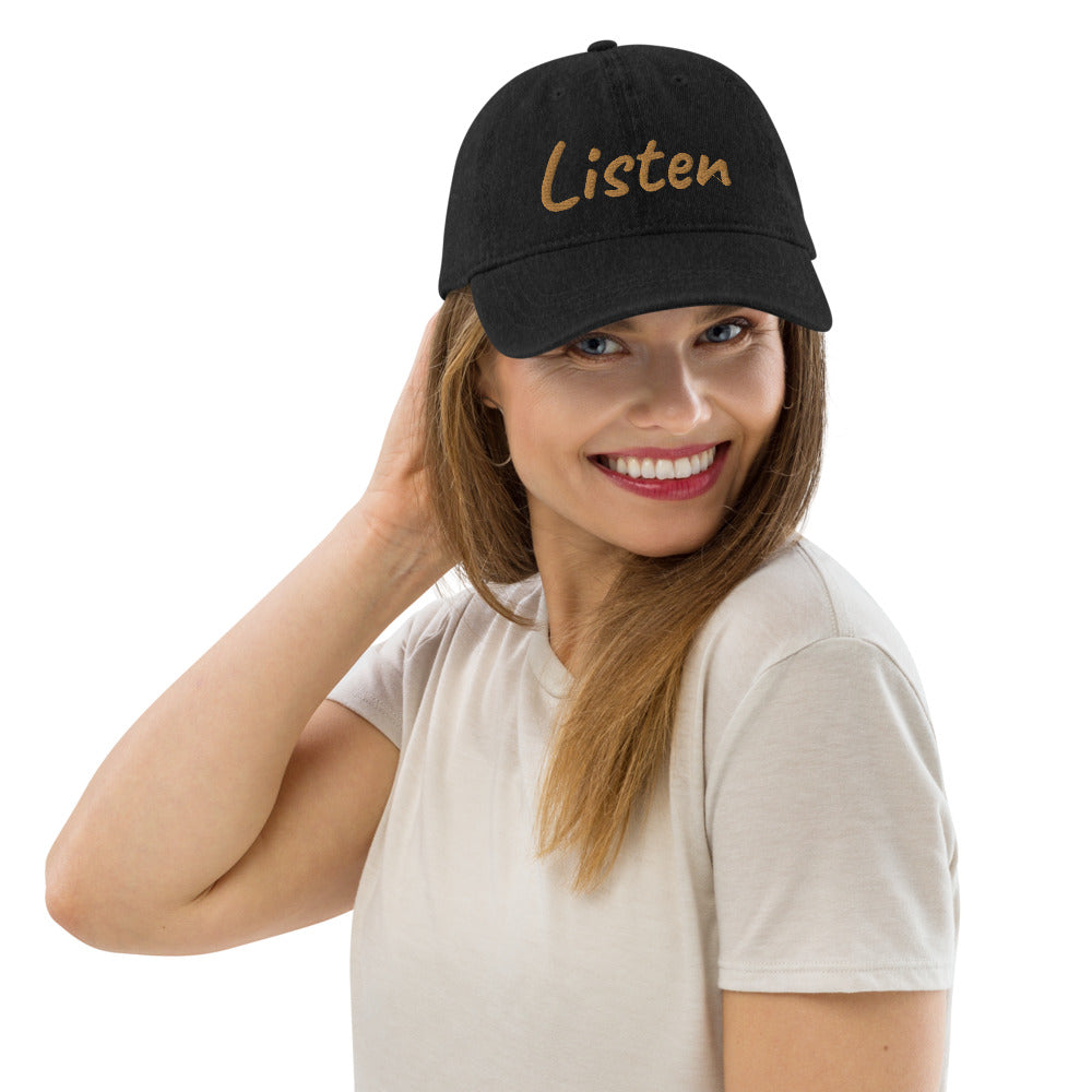 Listen In Copper Embroidery on Denim Hat