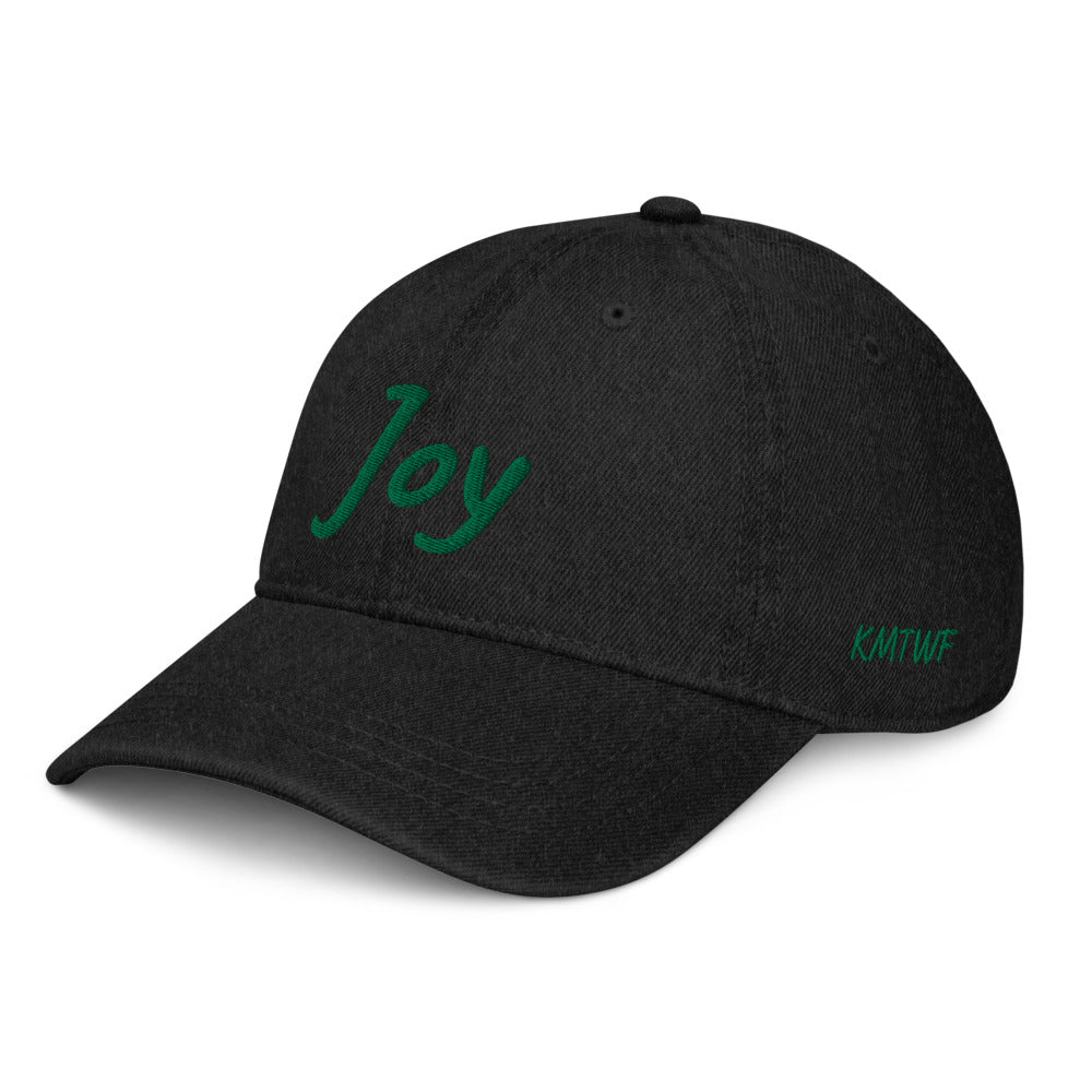 Joy In Emerald Embroidery on Denim Hat