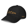 Listen In Copper Embroidery on Denim Hat