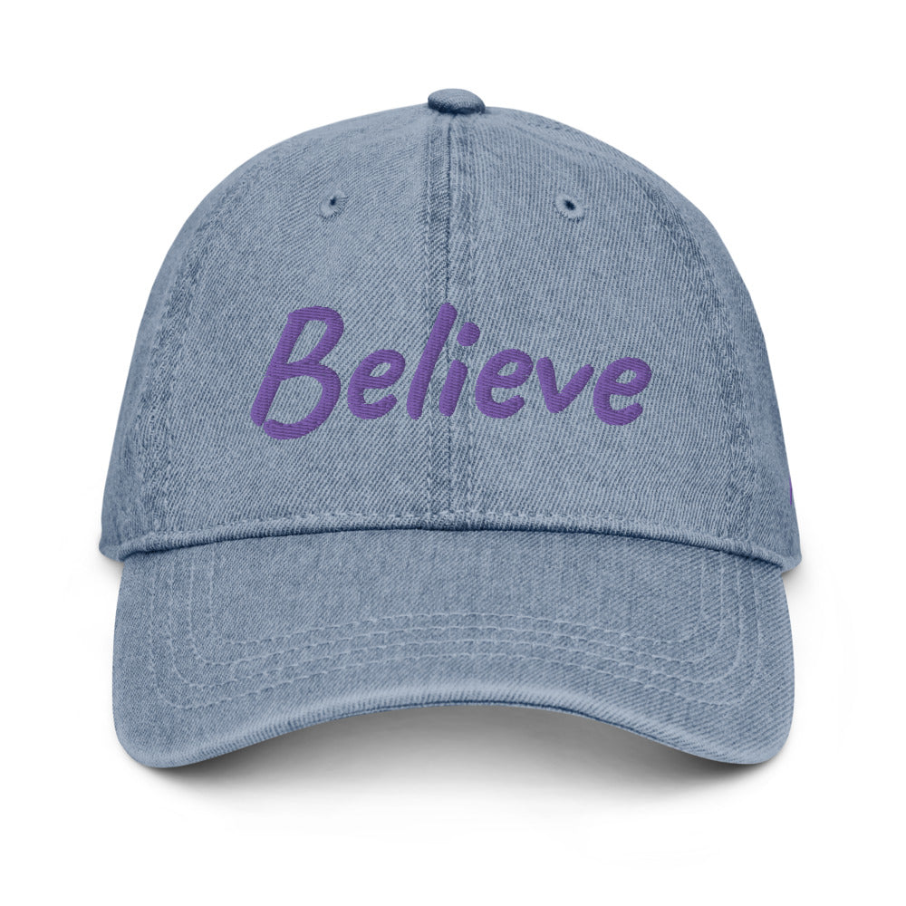 Believe In Amethyst Embroidery on Denim Hat