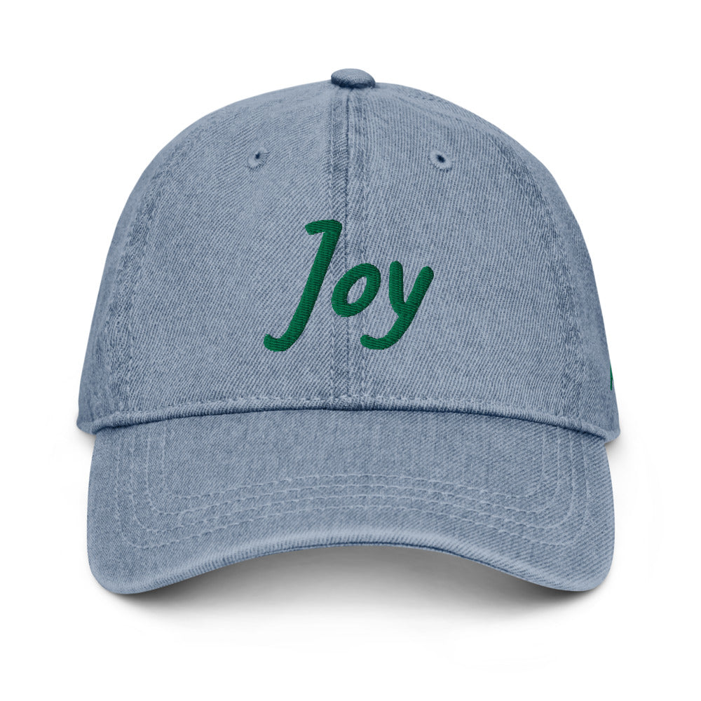 Joy In Emerald Embroidery on Denim Hat