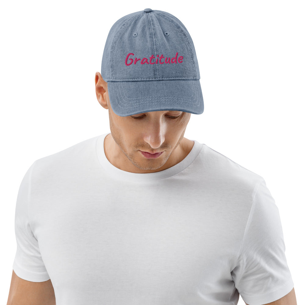 Gratitude In Star Rose Quartz Embroidery on Denim Hat