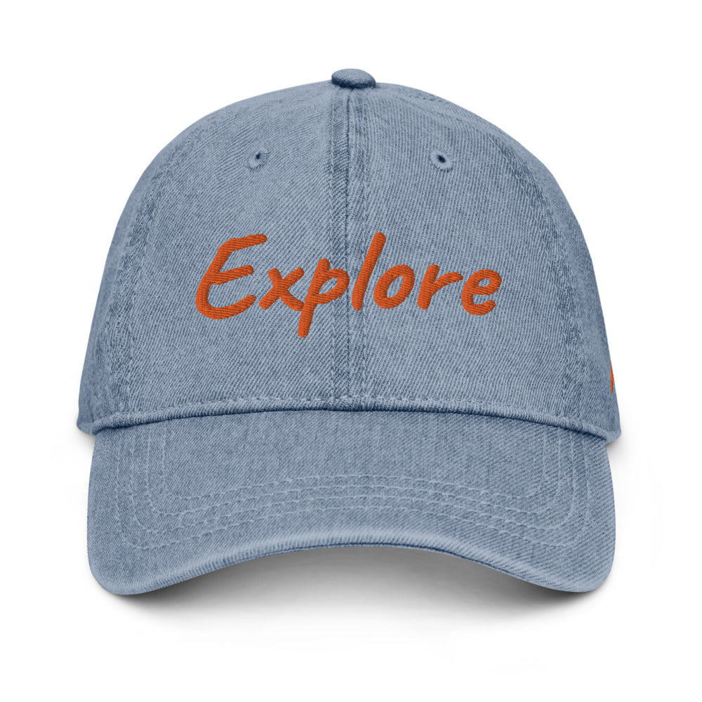 Explore In Amber Embroidery on Denim Hat