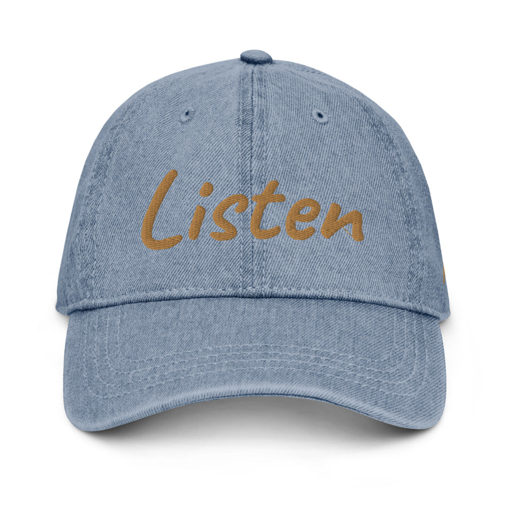 Listen In Copper Embroidery on Denim Hat