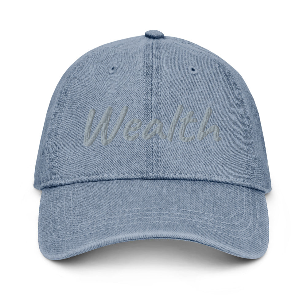 Wealth In Silver Embroidery on Denim Hat