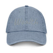 Wealth In Silver Embroidery on Denim Hat