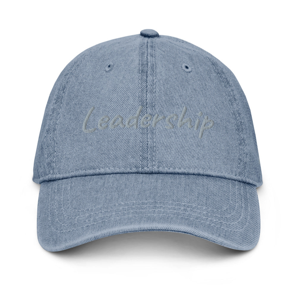 Leadership In Silver Embroidery on Denim Hat