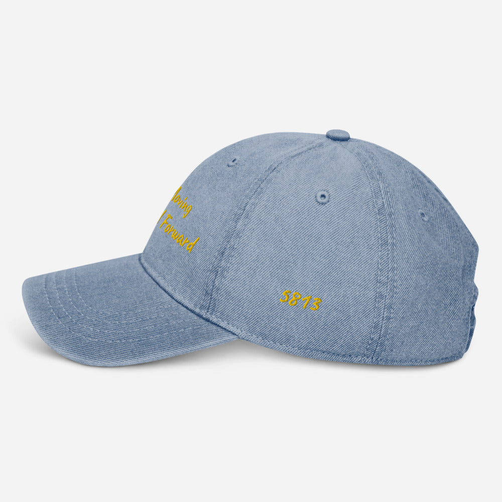 Keep Moving The World Forward In Gold Embroidery on Denim Hat