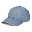 Lead In Silver Embroidery on Denim Hat