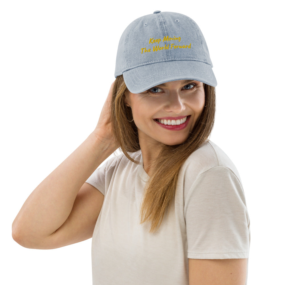 Keep Moving The World Forward In Gold Embroidery on Denim Hat