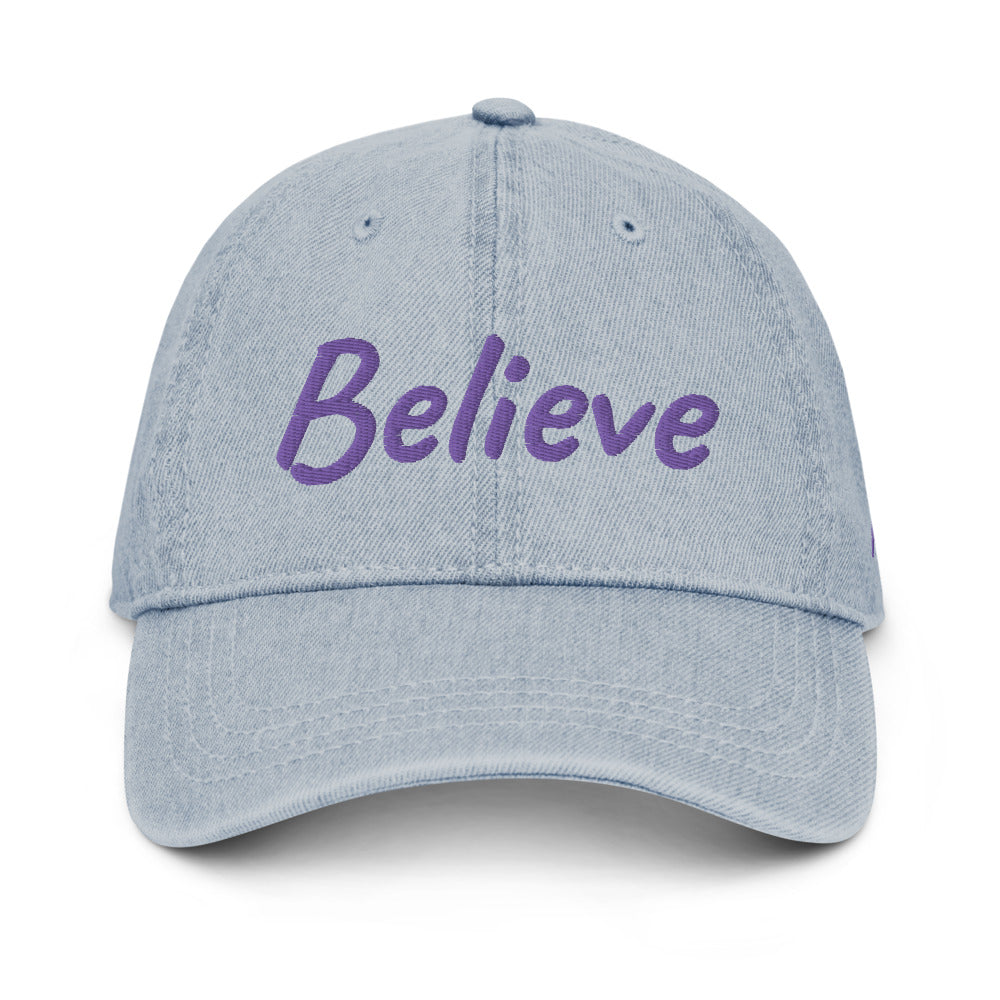 Believe In Amethyst Embroidery on Denim Hat