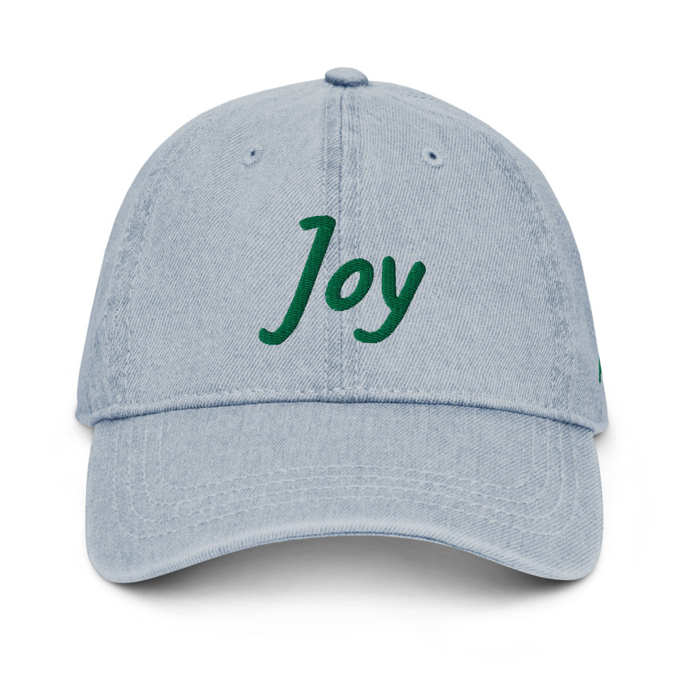 Joy In Emerald Embroidery on Denim Hat