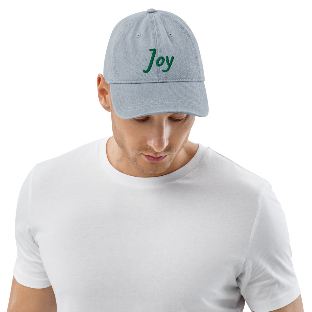 Joy In Emerald Embroidery on Denim Hat